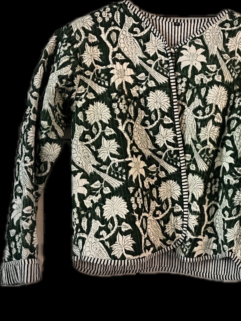 Block print quilted jacket, green & white